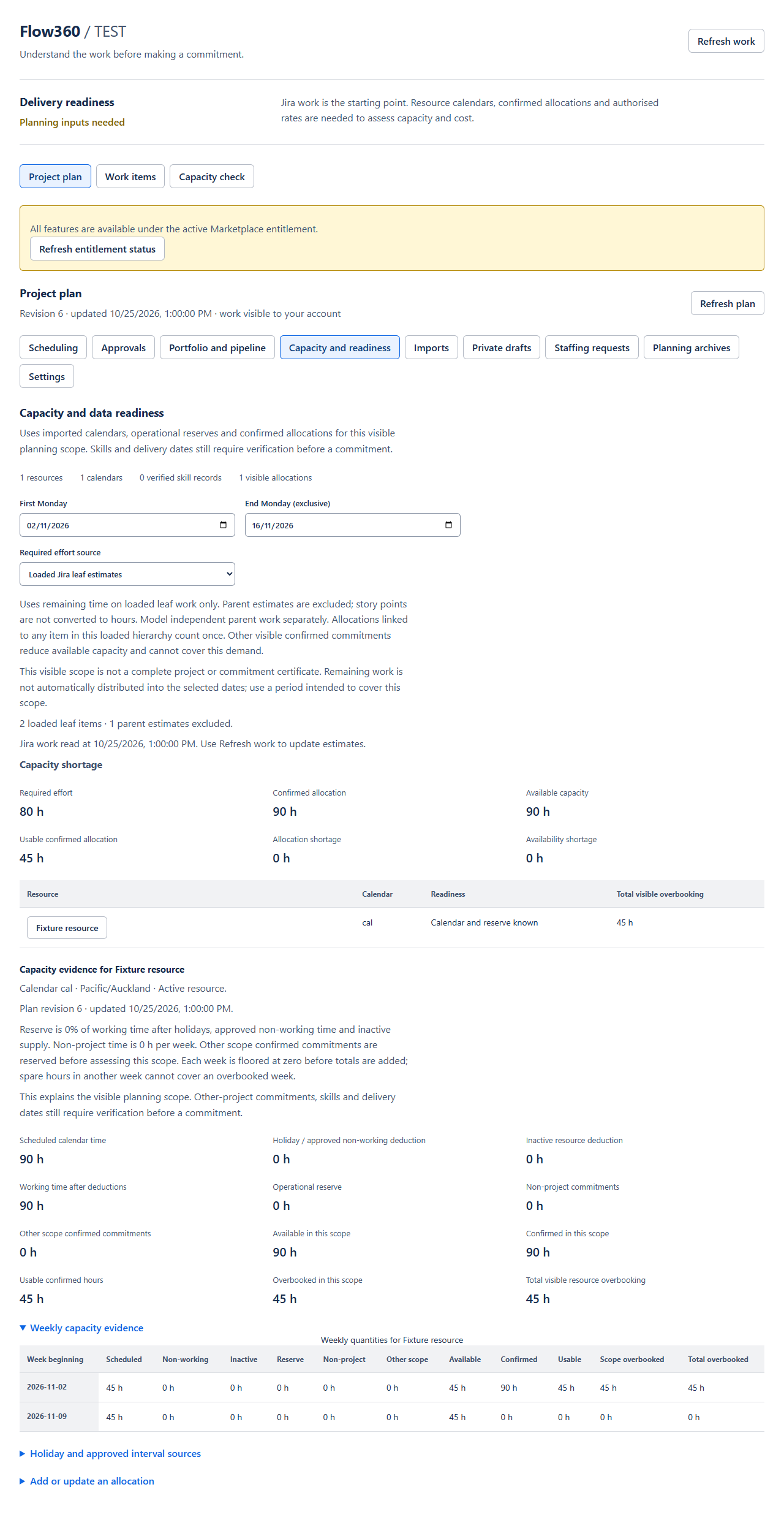Flow360 capacity evidence view showing required effort, allocation, availability and weekly resource detail